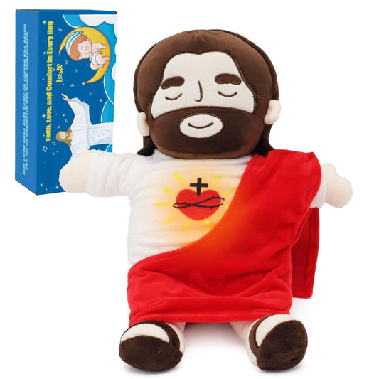 Sacred Heart of Jesus Plush Doll 15.7 Inch - Breathing Glowing Light Christian Religious Toy for Kids