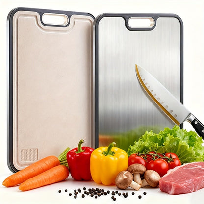 Double-Sided Cutting Board with Stainless-Steel and Wheat-Straw PP Faces, Handle and 16 x 11-Inch Size