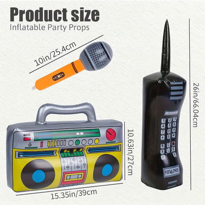 Inflatable Party Props 3 Pcs Blow Up Boombox Microphone & Retro Phone – 80s Hip Hop Theme Birthday Decorations for Graduation