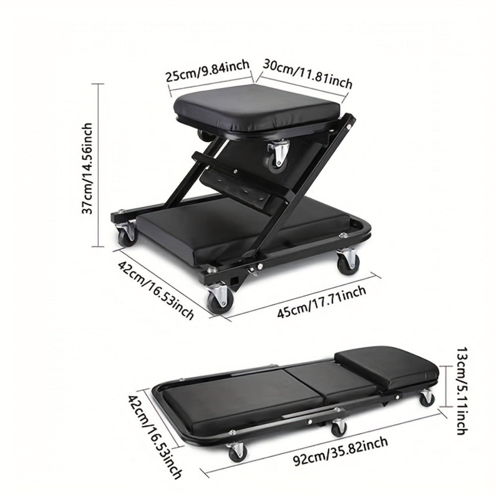 Mechanic Creeper Seat & Rolling Work Stool – Foldable 2-in-1 Auto Repair Crawler, 300 lb Capacity, Adjustable Height, 6 Swivel Wheels