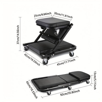 Mechanic Creeper Seat & Rolling Work Stool – Foldable 2-in-1 Auto Repair Crawler, 300 lb Capacity, Adjustable Height, 6 Swivel Wheels