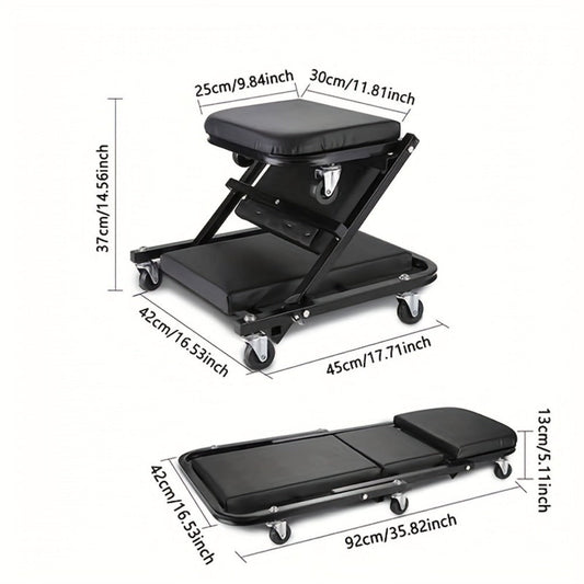 Mechanic Creeper Seat & Rolling Work Stool – Foldable 2-in-1 Auto Repair Crawler, 300 lb Capacity, Adjustable Height, 6 Swivel Wheels
