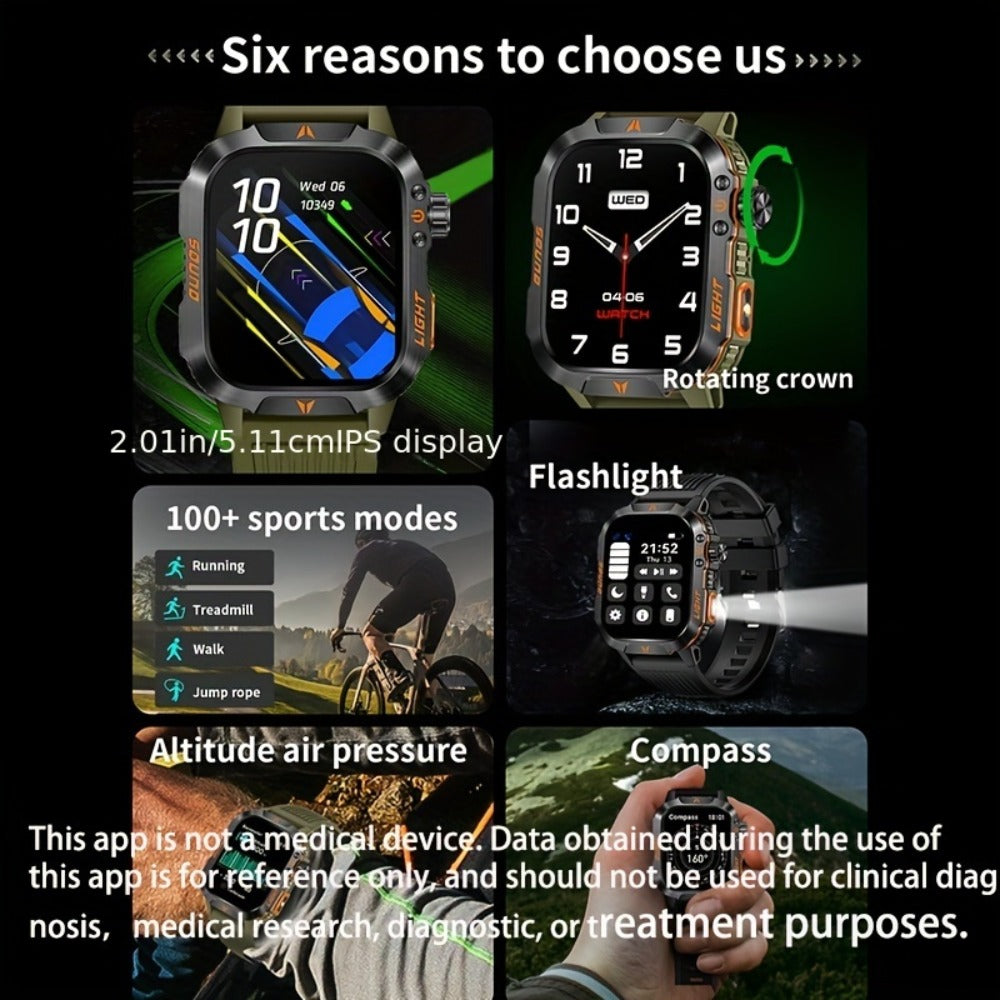 Smart Watch 2.01-Inch Rugged Display with Compass, LED Flashlight, Calling and Three Strap Combinations