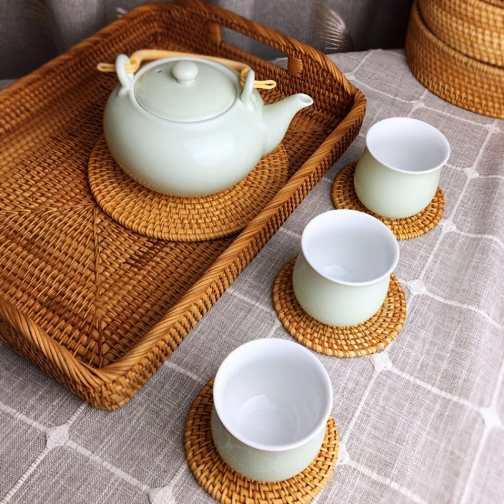 Rattan Woven Coasters Set of 6 Handcrafted Heat-Resistant Non-Slip Drink Mats Boho Table Decor for Kitchen Dining Room Coffee Table Tabletop