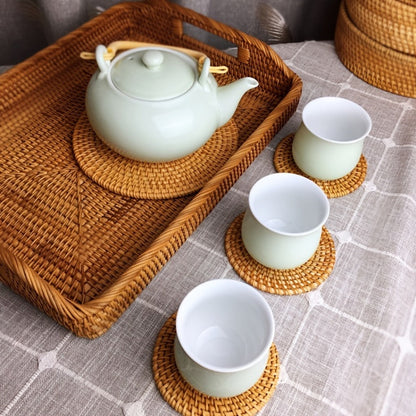 Rattan Woven Coasters Set of 6 Handcrafted Heat-Resistant Non-Slip Drink Mats Boho Table Decor for Kitchen Dining Room Coffee Table Tabletop