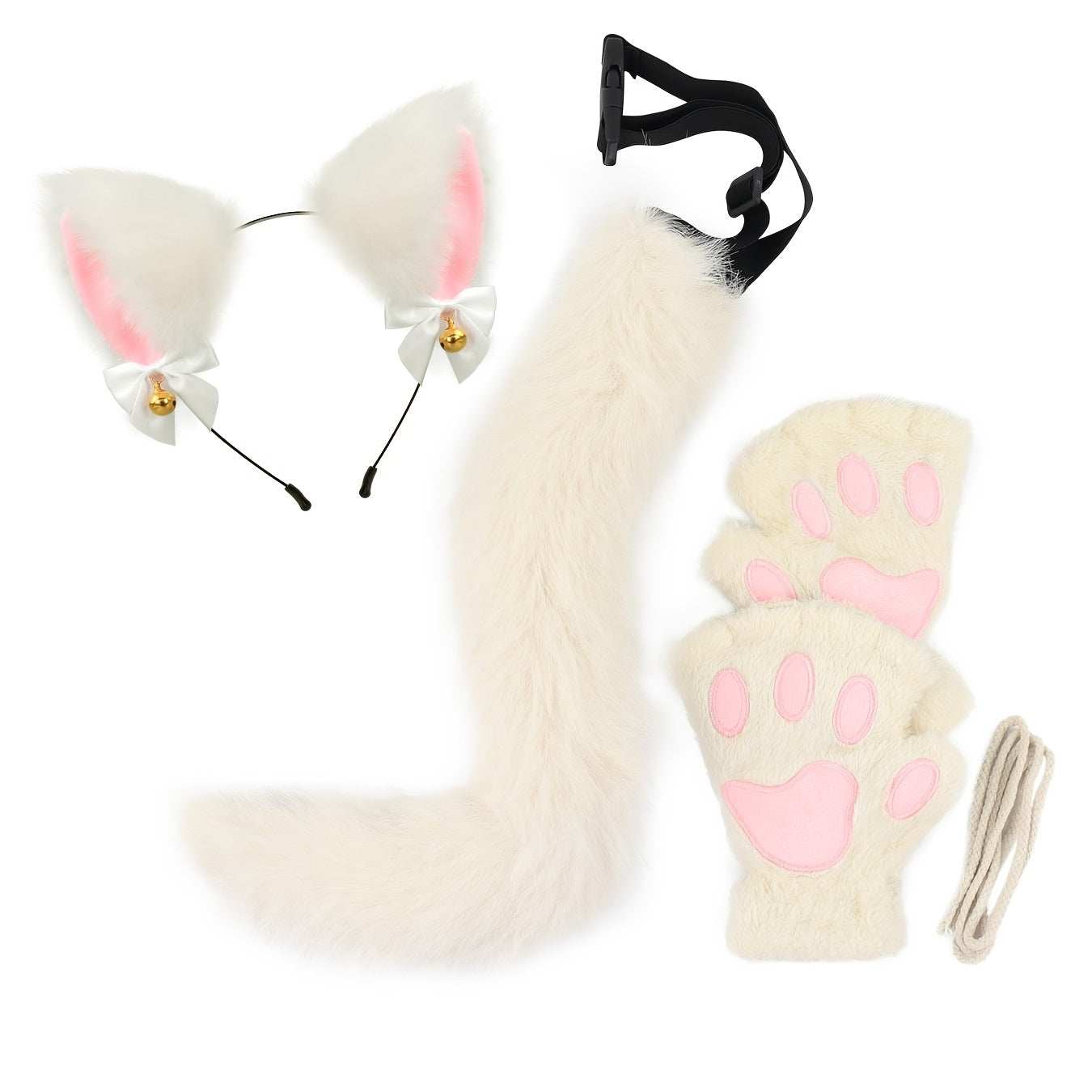 Cat Costume Set 3 Piece, Bell Ear Headband, Plush Paw Gloves & Adjustable Tail for Halloween, Cosplay
