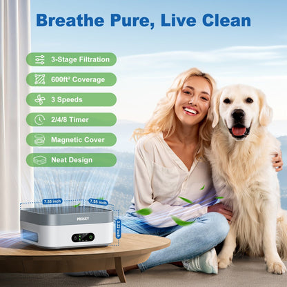 True HEPA Air Purifier for Home & Bedroom Up to 600 Sq Ft, USB-C Powered, 16dB Sleep Mode, Touch Screen Timer