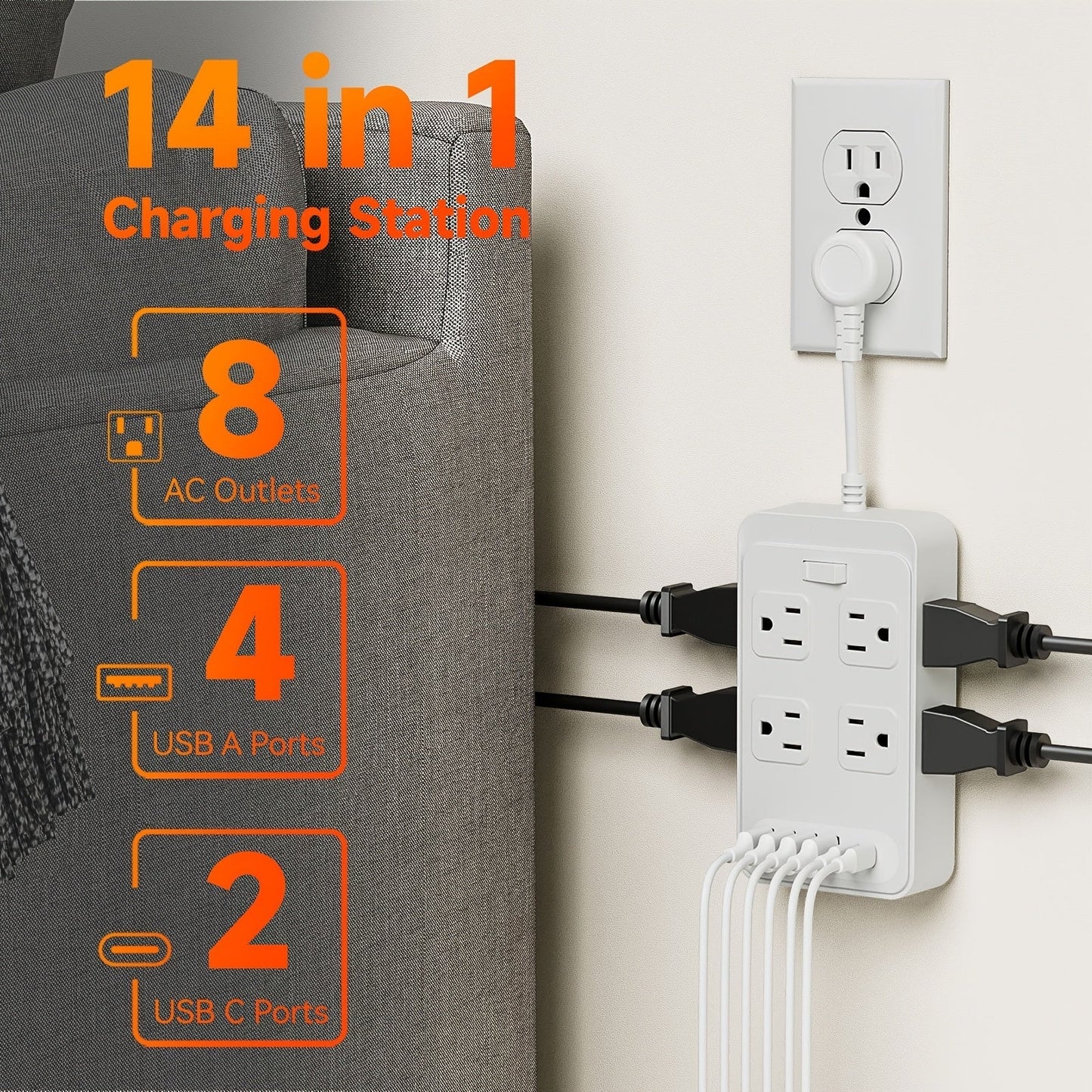 One-Touch Switch Desk Charging Station 14-in-1, 8 Widely Distributed AC Outlets & 6 USB Ports (4 USB-A + 2 USB-C)