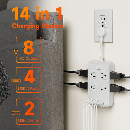 One-Touch Switch Desk Charging Station 14-in-1, 8 Widely Distributed AC Outlets & 6 USB Ports (4 USB-A + 2 USB-C)