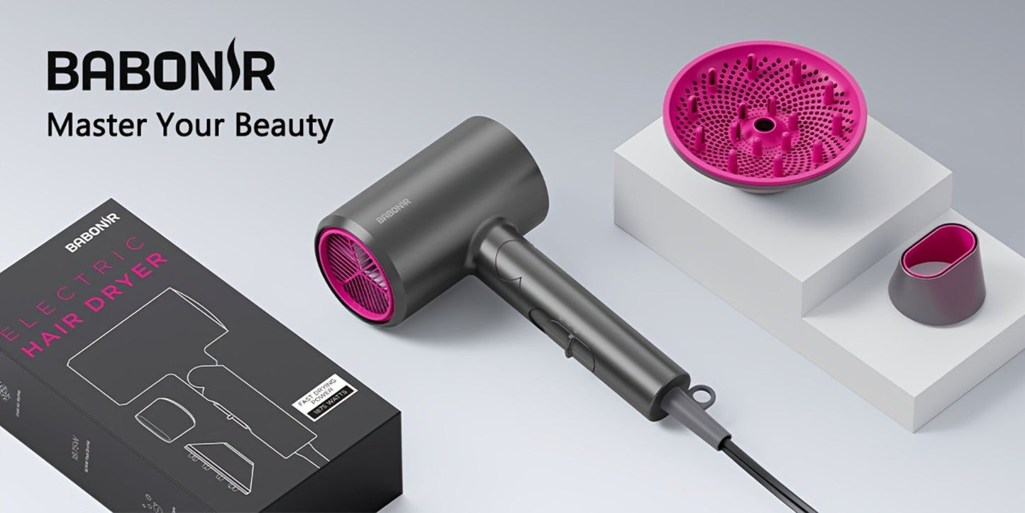 FZ201-Style 1875W Hair Dryer with Circular Rear Intake, Gray or White Finish and Three Pictured Attachments