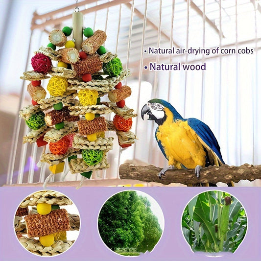Colorful 16-Inch Corn Cob and Woven Rattan Hanging Bird Toy with Metal Hook for Medium and Large Parrots