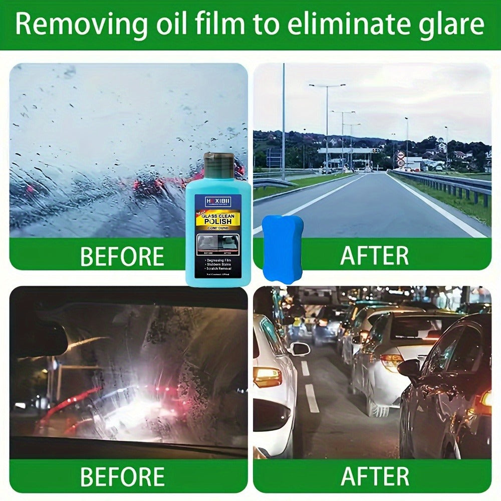 Car Glass Polish by HEXIBII, 150ml Oil-Film Cleaner Compound with Two Sponge Applicators for Windshields