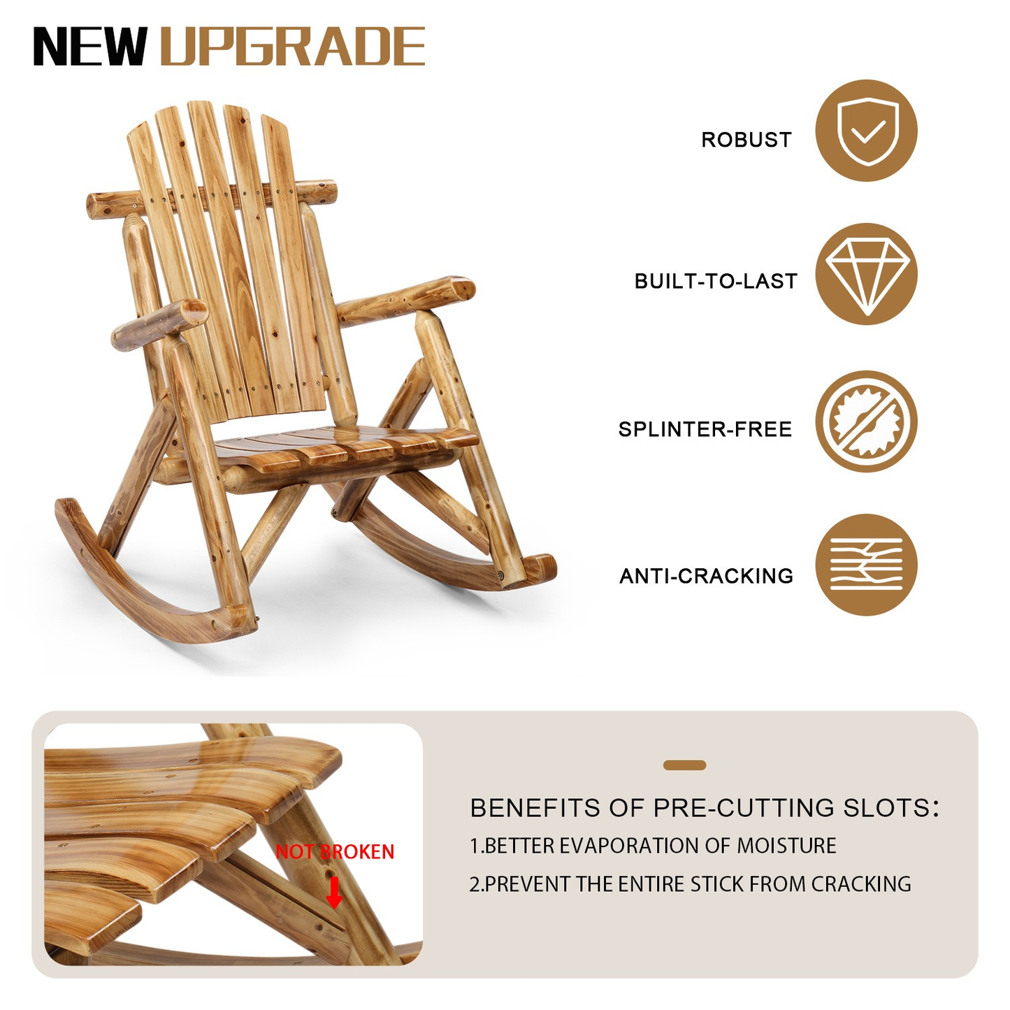 Patio Cedar Rocking Chair 26" Fan-Shaped Backrest Outdoor Rocker for Garden Poolside Patio