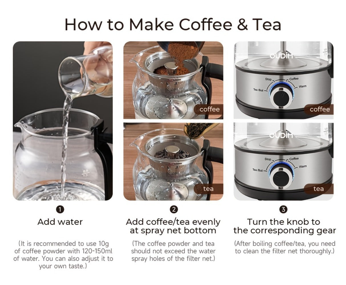OD-T1206 Glass Coffee Maker and Tea Brewer with 1.2L Capacity, 600W Rating and Keep-Warm Control