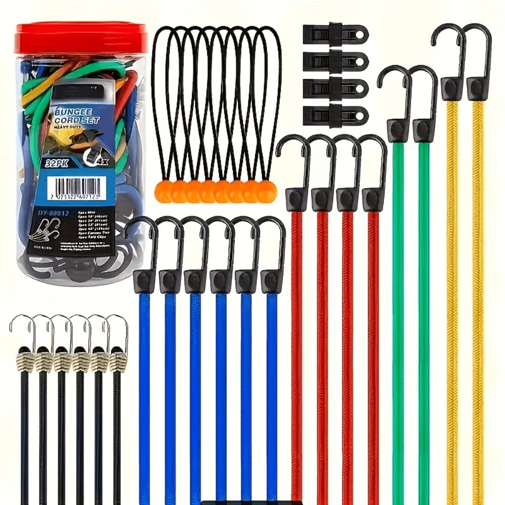 Bungee Cord Set 32 Pack Heavy Duty – Elastic Tie Down Cords in 10 18 24 40 Inch Lengths, 4 Sunshade Clips & 6 Ball Bungees
