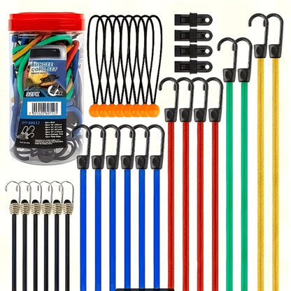 Bungee Cord Set 32 Pack Heavy Duty – Elastic Tie Down Cords in 10 18 24 40 Inch Lengths, 4 Sunshade Clips & 6 Ball Bungees