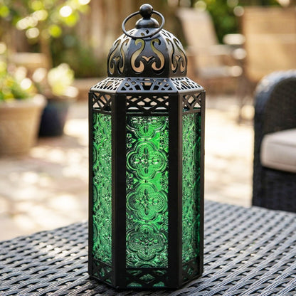 Moroccan Candle Lantern Holder - Decorative Metal & Glass Lantern with Embossed Floral Design for Indoor Home Decor
