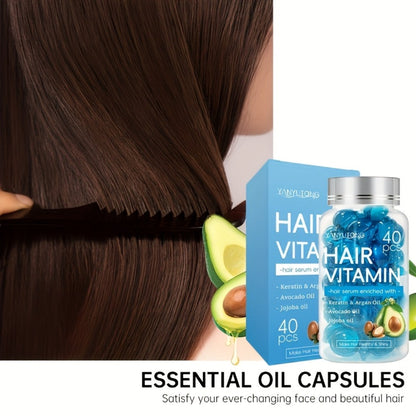 Hair Oil Capsules 40pcs – Keratin Hair Vitamin Essence with Moroccan Argan Oil, Avocado Oil & Jojoba Oil | No-Rinse Deep Nourishing