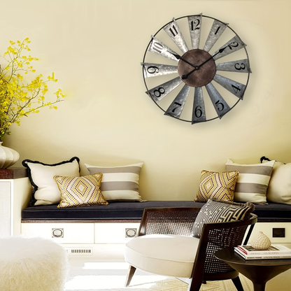 24-Inch Windmill-Style Metal Wall Clock with Galvanized-Look Silver Blades and Brown Analog Center