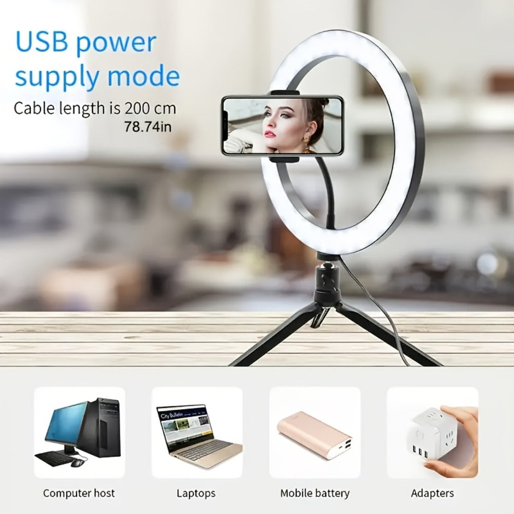 10- or 18-Inch Ring Light with Cable Power, Adjustable Brightness and Desktop or Floor Stand Options
