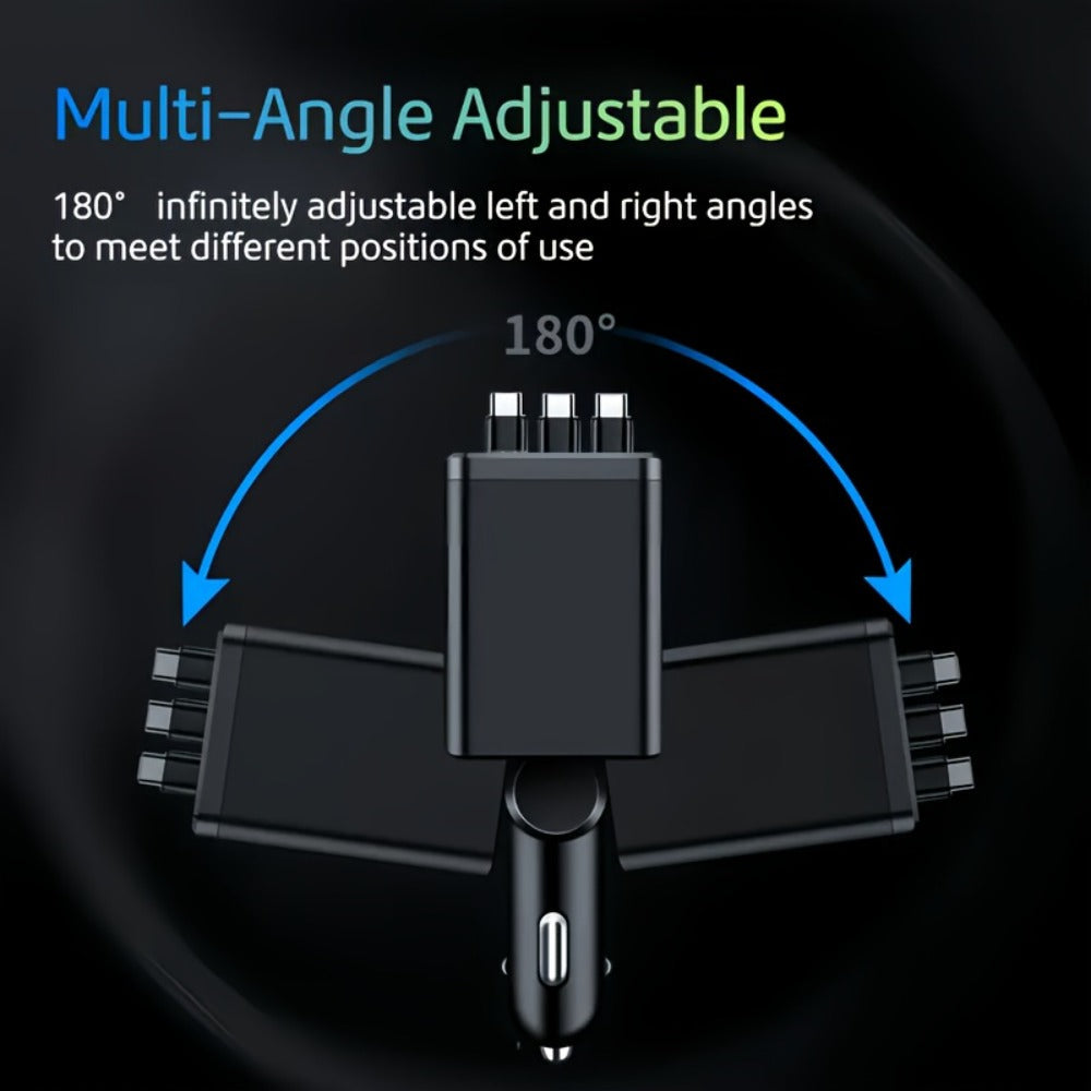 7-in-1 Car Fast Charger with 3 Retractable Cables, LED Digital Display, 180° Adjustable Arm, Universal Plug