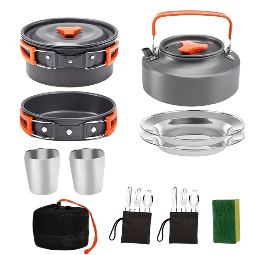 15-Piece Camping Cookware Set with Non-Stick Aluminum Alloy Pots & Pans – Portable Outdoor Cooking Kit with Kettle, Frying Pan, Cooking Pot