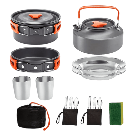 15-Piece Camping Cookware Set with Non-Stick Aluminum Alloy Pots & Pans – Portable Outdoor Cooking Kit with Kettle, Frying Pan, Cooking Pot