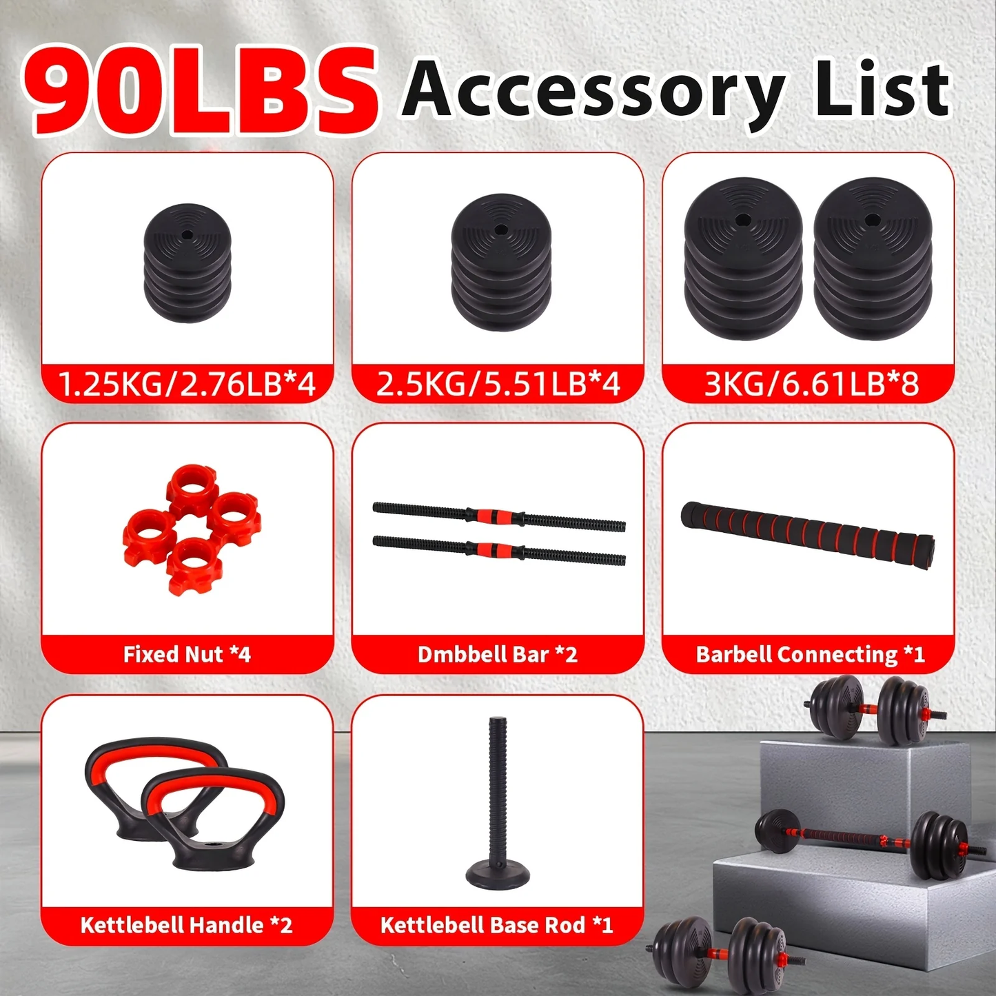 Adjustable Dumbbell and Barbell Weight Set with 20-, 30-, 70- or 90-Pound Pair Options and Kettlebell Handles