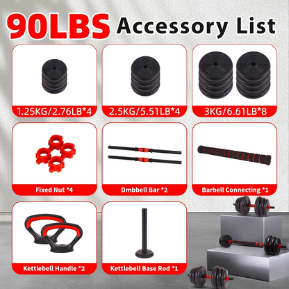 Adjustable Dumbbell and Barbell Weight Set with 20-, 30-, 70- or 90-Pound Pair Options and Kettlebell Handles