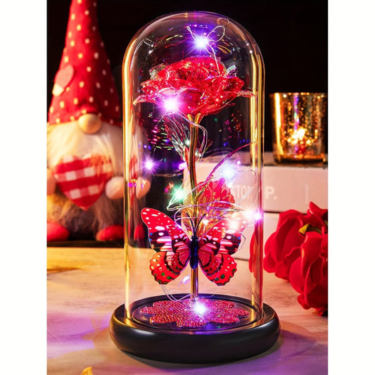 Glass Rose Crystal Flower in Glass Dome with LED Glow - Eternal Galaxy Rose Gift for Women, Mom, Wife