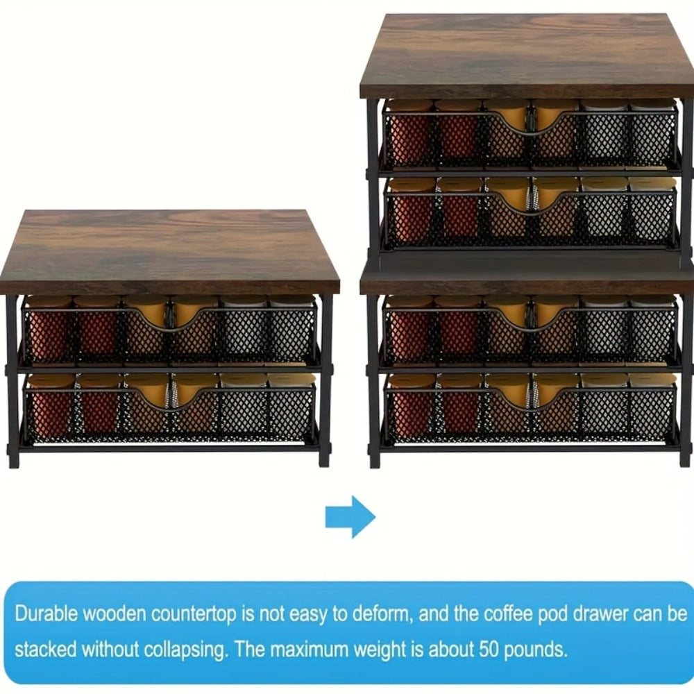 Coffee Pod Holder K-Cup Storage Drawer with Sliding Basket, 48-Capsule Double Layer Coffee Capsule Organizer for Countertop