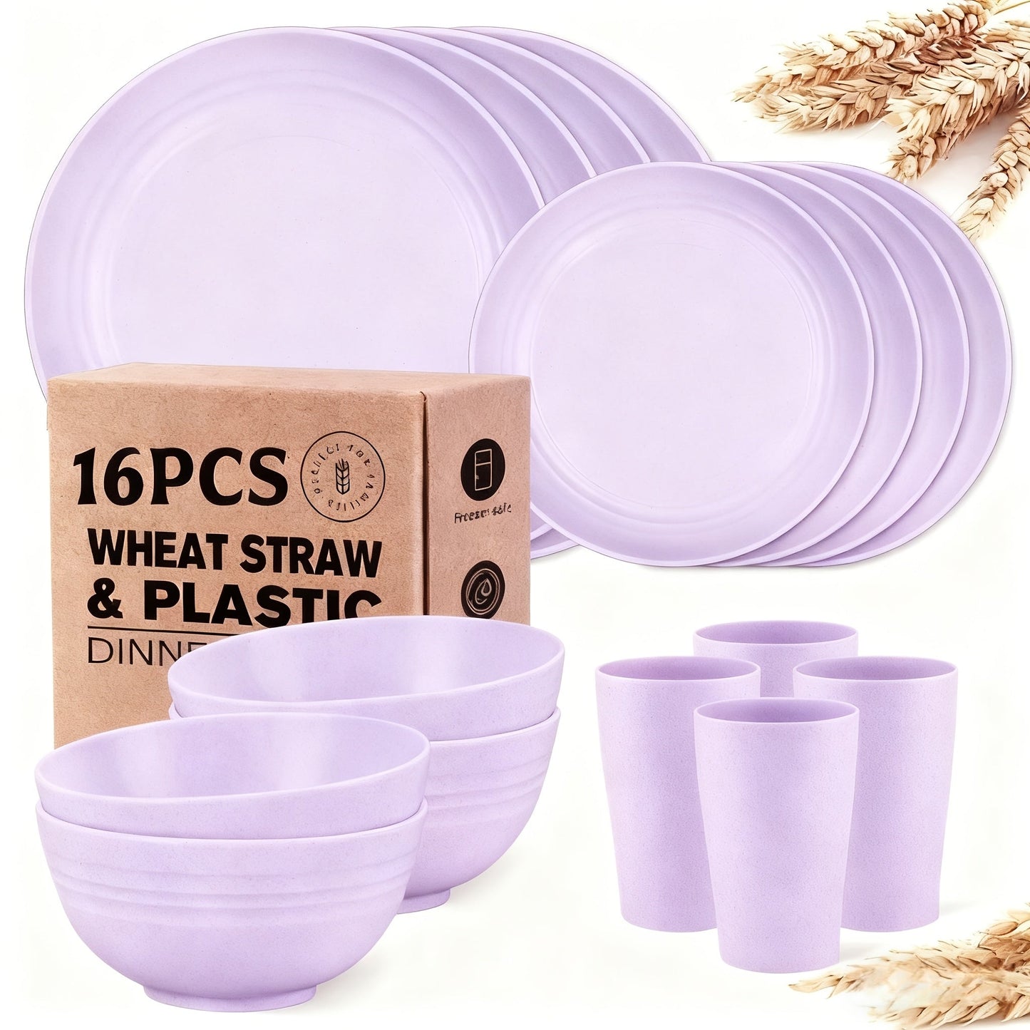Wheat Straw Dinnerware Set 16 or 32 Piece – Plates & Bowls for 4 or 8 People, Microwave & Dishwasher Safe Plastic Dish Set