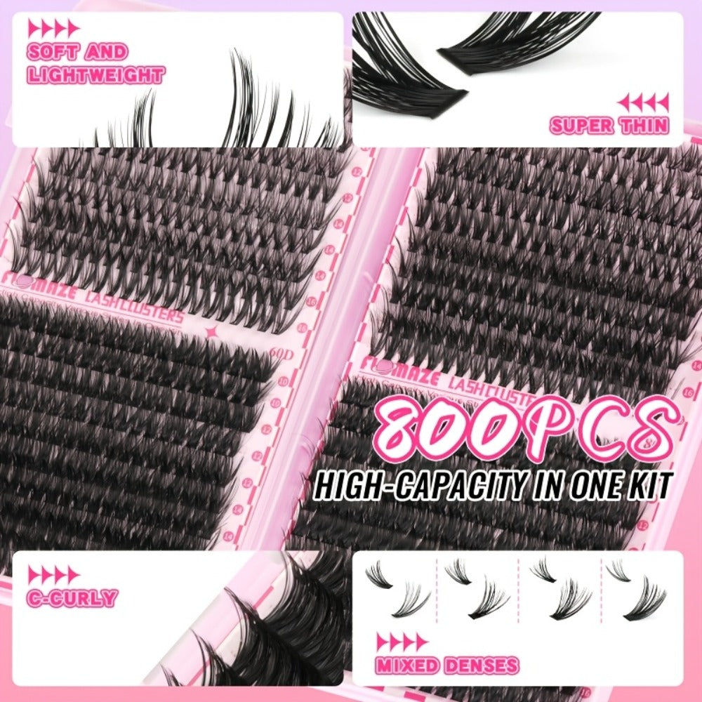800-Piece 30D–80D Volume Lash Cluster Kit with Mixed 10–16mm Lengths and Pink Application Set