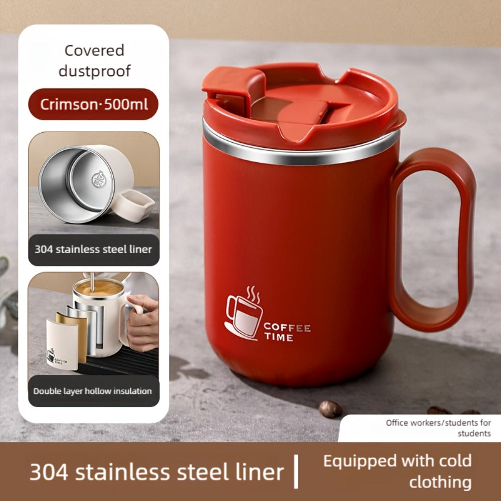500ml Covered Stainless Steel Coffee Travel Mug with Handle in White, Black, Red, Grey or Brown