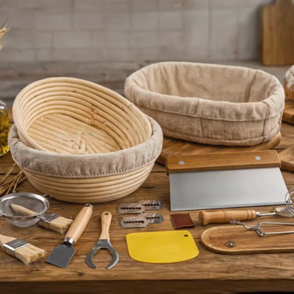 Sourdough Bread Proofing Basket Set 9 & 10 Inch – Banneton Bread Basket Kit with Danish Dough Whisk, Bread Lame, Dough Scrapers