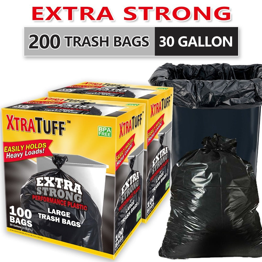 30-Gallon / 113.5-Liter Black Trash Bags, 200-Count Pack in Four Rolls and Two Boxes with Tie Handles