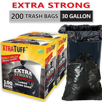 30-Gallon / 113.5-Liter Black Trash Bags, 200-Count Pack in Four Rolls and Two Boxes with Tie Handles