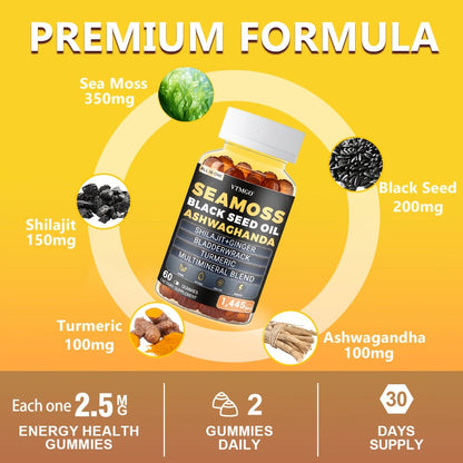 Sea Moss Gummies 1445mg with Shilajit Black Seed Oil Ashwagandha Elderberry Chlorophyll Turmeric Bladderwrack Ginger