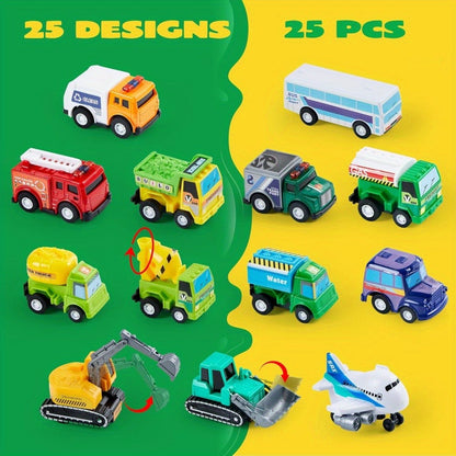 25PCS Pull Back Cars & Trucks Toy Vehicle Set for Kids, Fire Truck, Police Car, School Bus & More