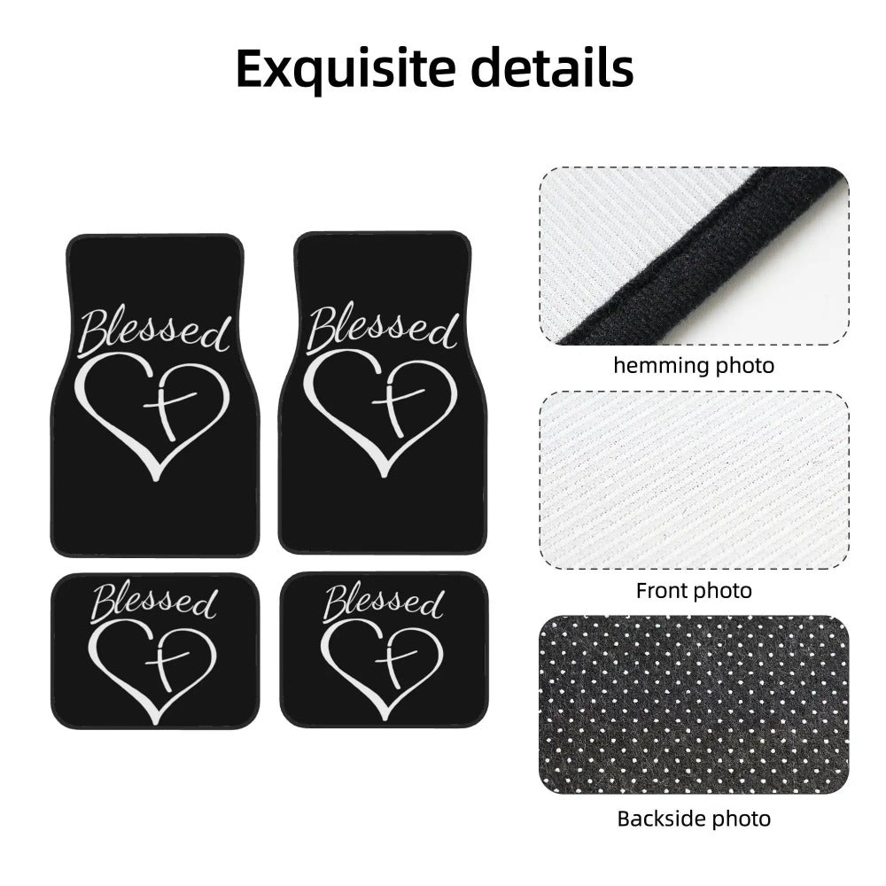 Heart and Cross Car Floor Mats, Four-Piece Black Printed Set with Two Front and Two Rear Mats