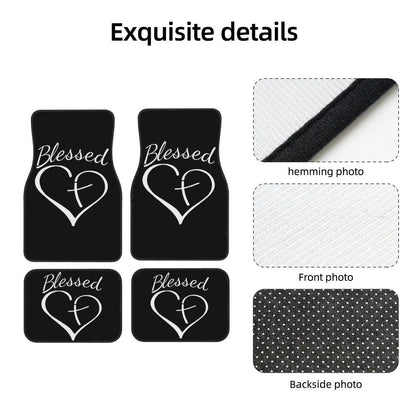 Heart and Cross Car Floor Mats, Four-Piece Black Printed Set with Two Front and Two Rear Mats