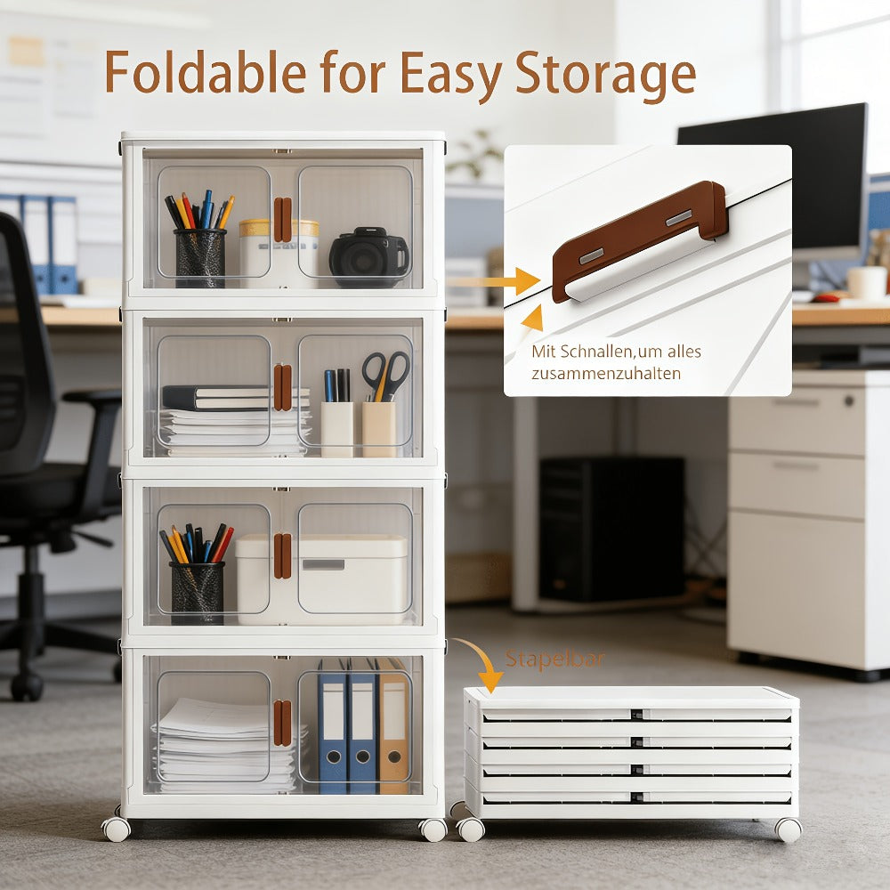 Stackable Foldable Storage Cabinet with Door, PP Plastic 1/2/3/4/5 Layer Organizer Box with Wheels & Cover