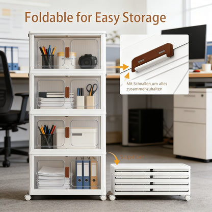 Stackable Foldable Storage Cabinet with Door, PP Plastic 1/2/3/4/5 Layer Organizer Box with Wheels & Cover
