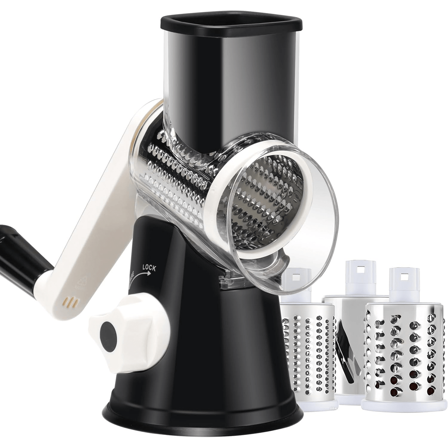 Rotary Cheese Grater, Stainless Steel Hand Crank Shredder with 3 Interchangeable Blades, Suction Base & Cleaning Brush