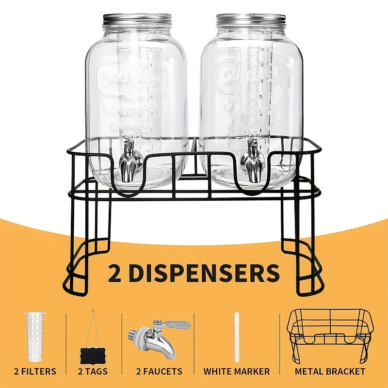 Glass Beverage Dispenser Set with Stand, 1-Gallon Square Glass Drink Dispenser with Stainless Steel Spigot & Ice Tube