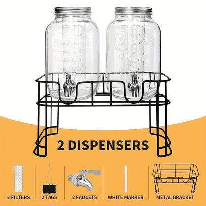 Glass Beverage Dispenser Set with Stand, 1-Gallon Square Glass Drink Dispenser with Stainless Steel Spigot & Ice Tube