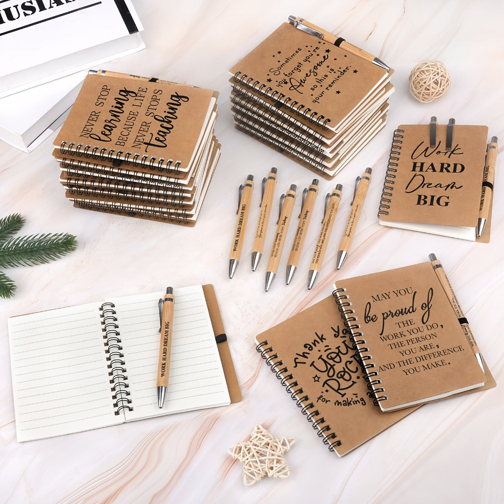 Spiral Notebooks with Retractable Bamboo Pens Bulk Gift Set – 30 Pack Inspirational Journals Thank You Gifts for Teachers Employees Back