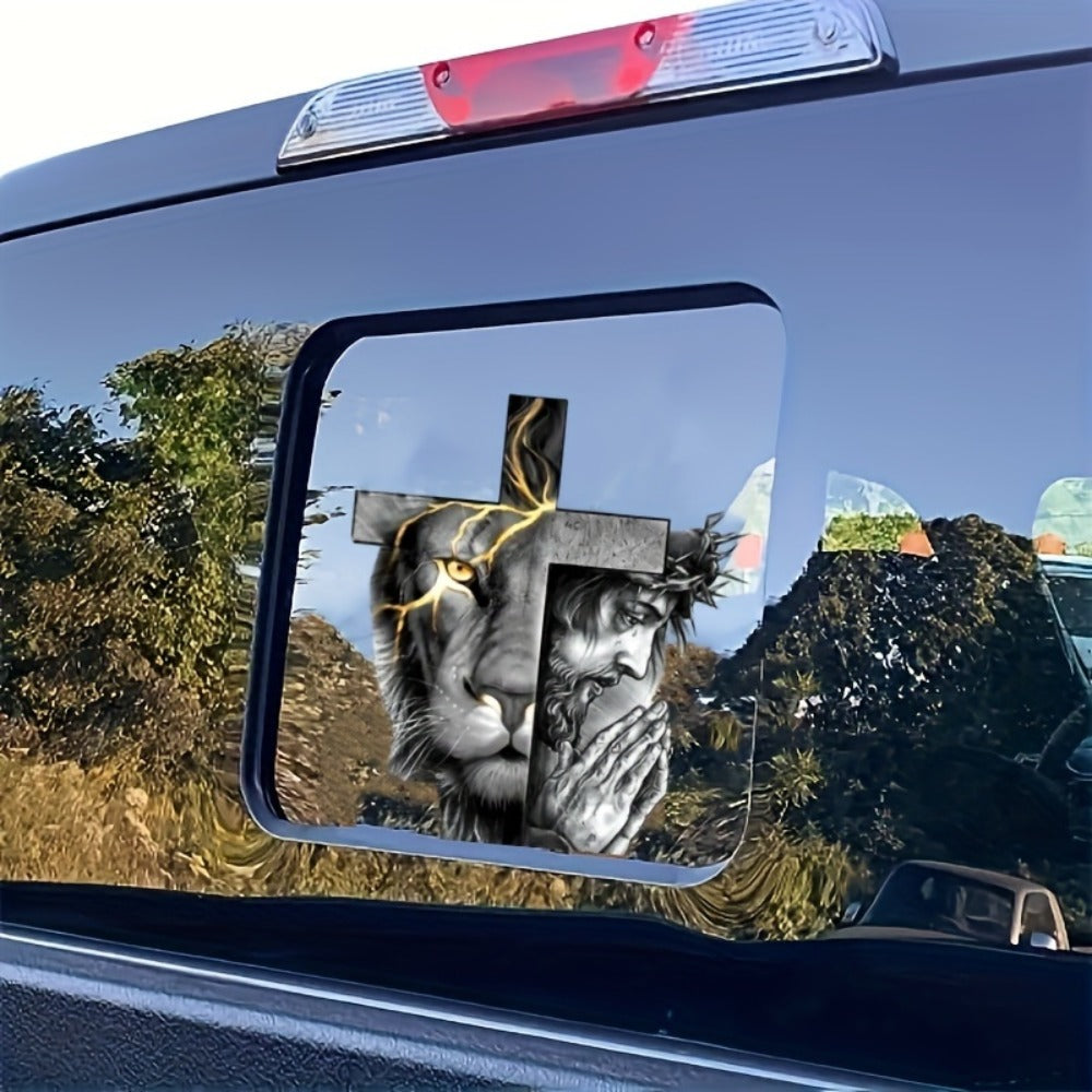 Two-Piece Lion-and-Cross Decal Set with Black-and-Gold Portrait Artwork for Vehicle or Flat Surfaces