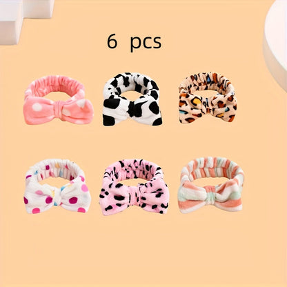 Bow Skincare Headbands for Women 6 Pack Patterned Soft Fabric Elastic Hair Bands for Makeup Spa Shower Face Washing Skincare Routine Beauty