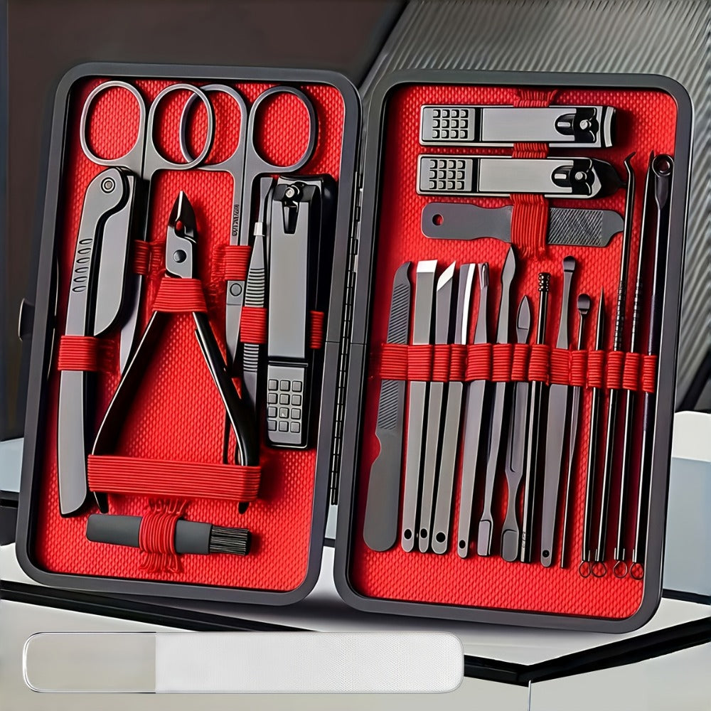 Nail Grooming Tool Case with 10-, 17- or 24-Piece Set Options and Black-and-Red Interior for Home and Travel